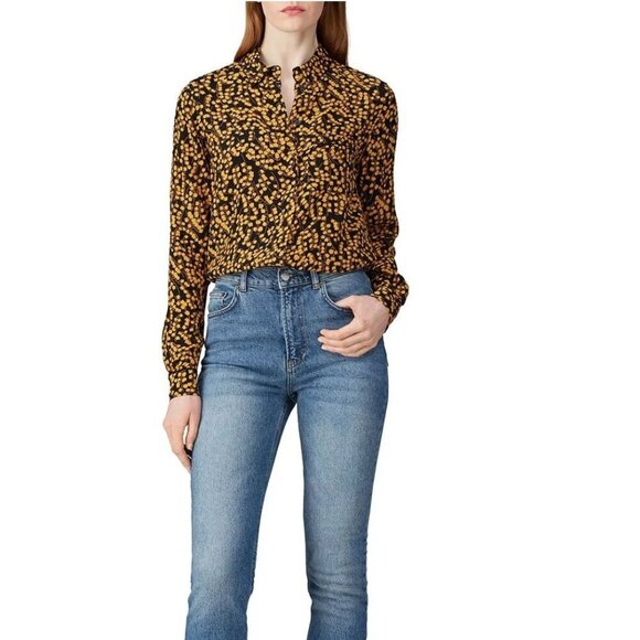 Ganni Black w/ Yellow Floral Print Button Front Blouse Sz 36 - Picture 1 of 10